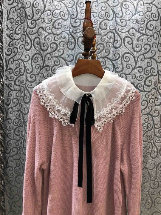 Новое осенне-зимнее женское платье с длинными рукавами и кружевным кукольным воротником, вязаное платье 1030