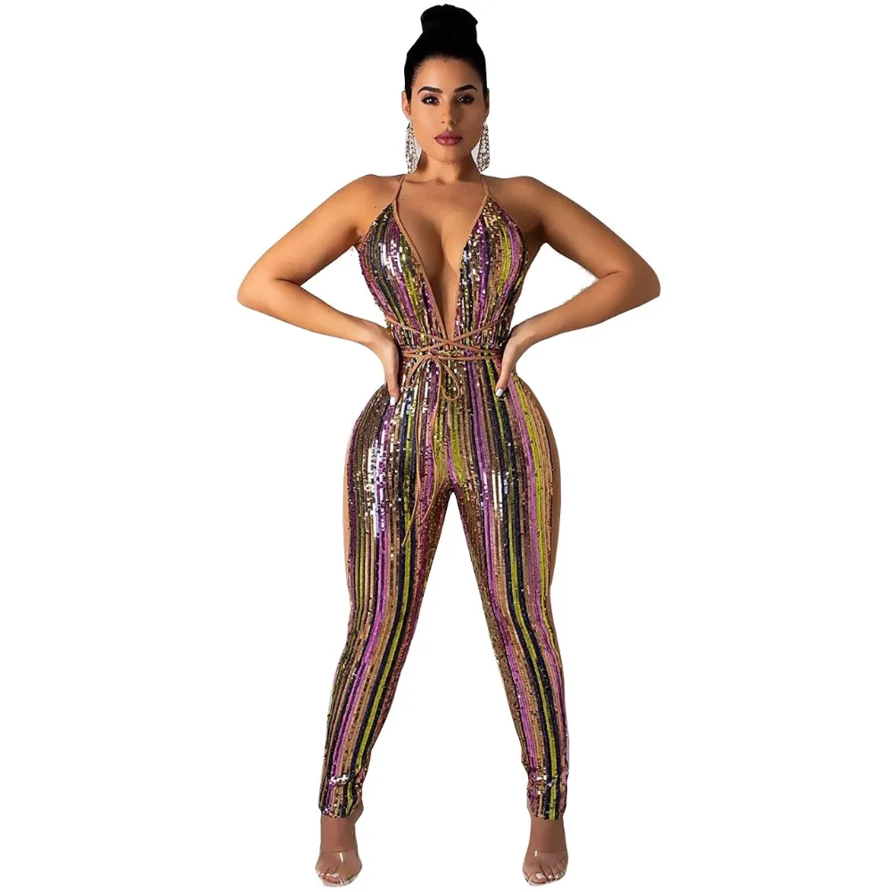 Сезон: весна-лето белый V образным вырезом брючный костюм с бретельками Для женщин Клубное пикантное обтягивающее комбинезон с блестками и ползунки с длинным рукавом E176