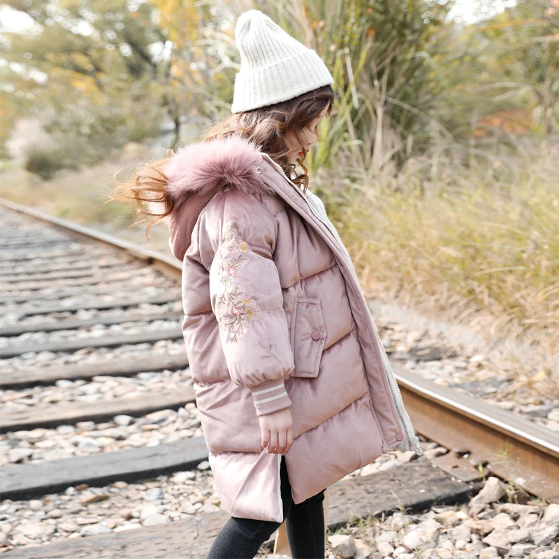 Одежда для девочек зимняя куртка Детские зимние штаны пальто с капюшоном платье с вышитыми цветами для детей Костюмы зимняя одежда для девочек, на возраст от 4 до 12 лет, 13, 14 лет
