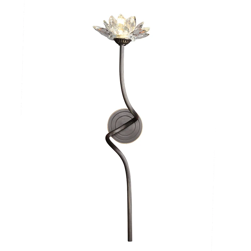 Chinese Classical Zen Art Copper Crystal Lotus Wall Lamp G9 Led Indoor Lighting Tea House Study Background Bedroom Bedside Cafe | Лампы и