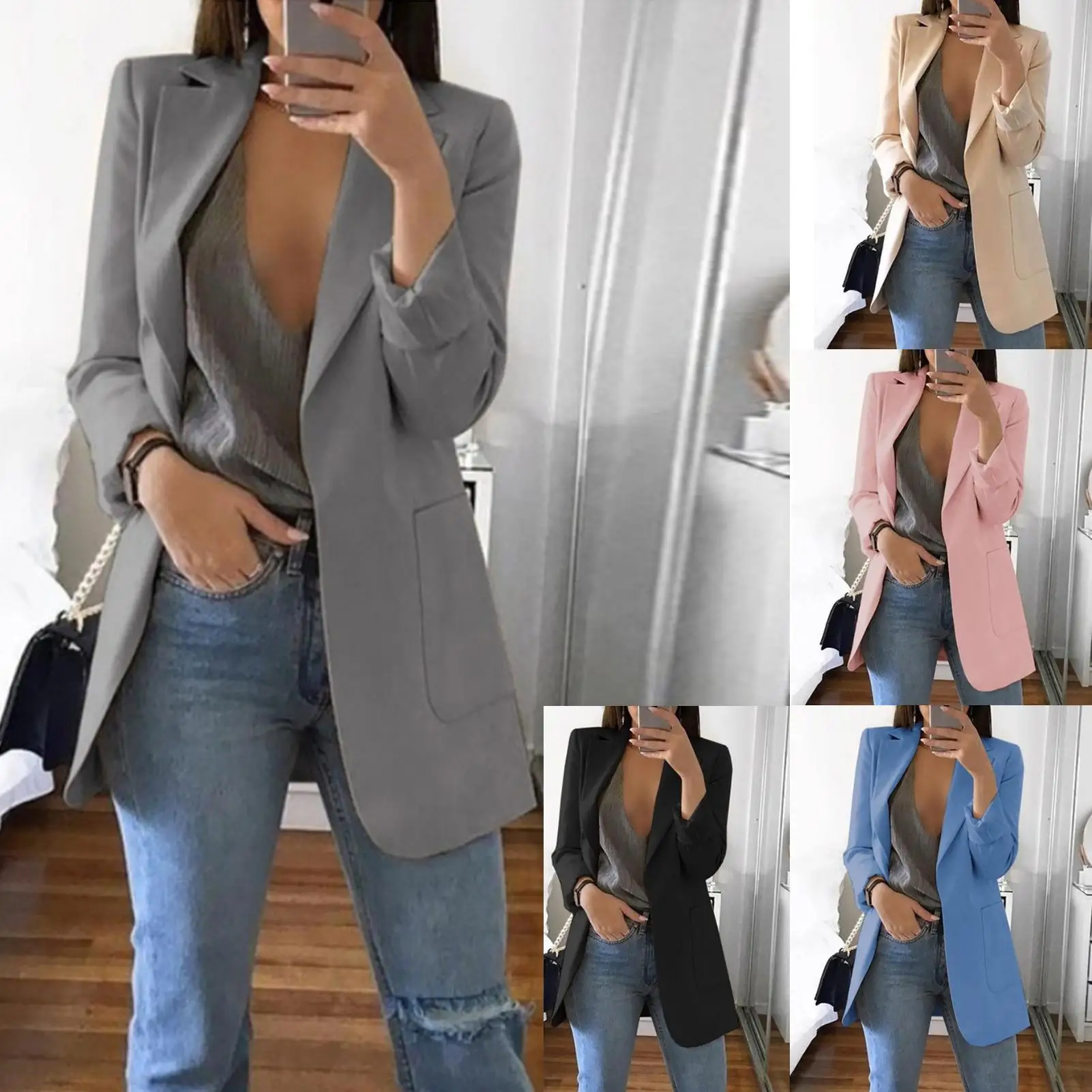 

Fashion Women Solid Color Open Front Pockets Jacket Coat Long Office Blazer