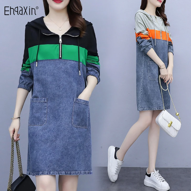 

EHQAXIN Spring Women's Dress New 2022 Fashion Denim Contrast Stitching Hooded Dresses With Pocket Sports Style L-5XL