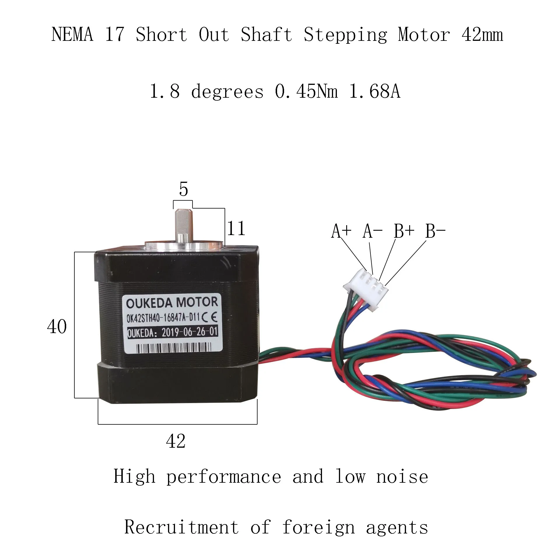 42 stepper motor, shaft length 11, 0.45Nm, washing flat shaft, 42BYGH40 motor