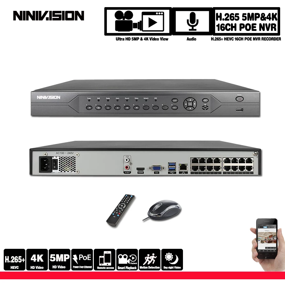 Сетевой видеорегистратор H.265 16 каналов POE NVR Onvif 2HDD 48 В для 4K 5 МП 4 1080P HD IP-камер