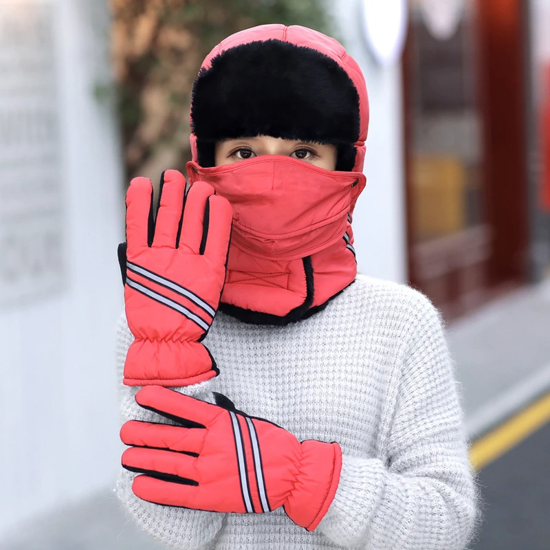 CHAOZHU/женские и мужские перчатки с защитой от снега, холода, для улицы, отражающие хлопчатобумажные перчатки, маска, теплый комплект из трех предметов, Рабочая защитная шляпа для верховой езды - Цвет: red