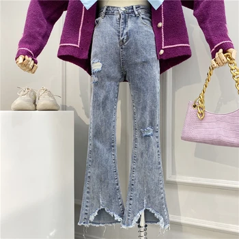 

2020 Spring Summer New Cowboy Pants Fashion Holes Bell-bottom Jeans Slimming High Waist Washing Jeans Women's Casual Jean Pants