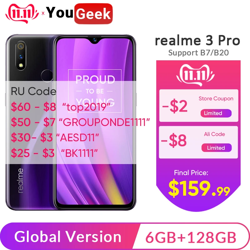 Realme 3 Pro глобальная версия 6 ГБ ОЗУ 128 Гб ПЗУ Snapdragon 710 AIE смартфон 4045 мА батарея мобильного телефона VOOC Быстрая зарядка 3,0 OPPO