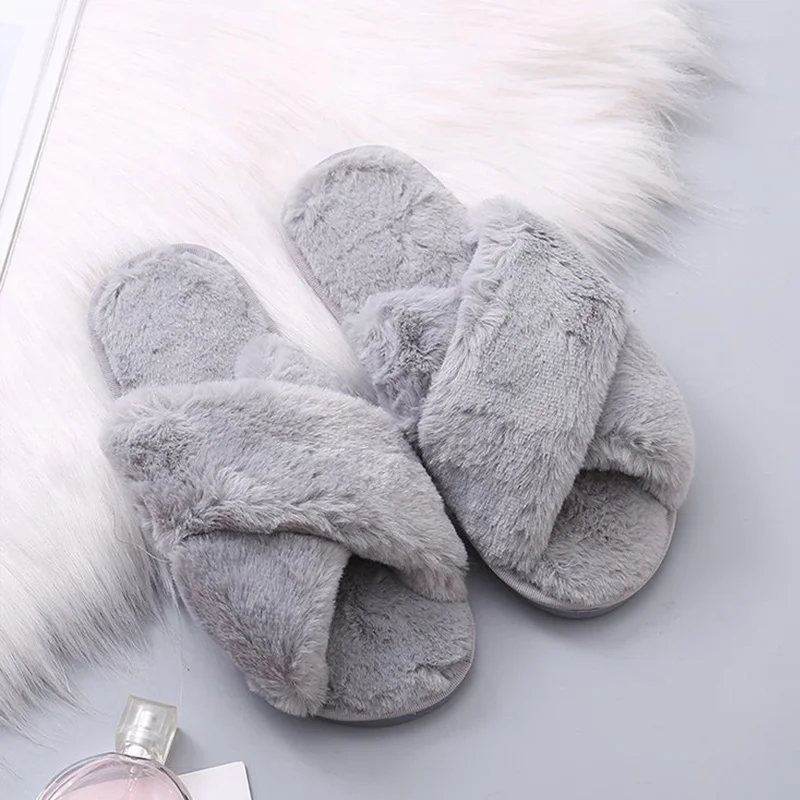 

Winter Women Warm Faux Fur Home Slippers Ladies Cross Soft Plush Furry Female Open Toe Shoes Fashion Female Footwear
