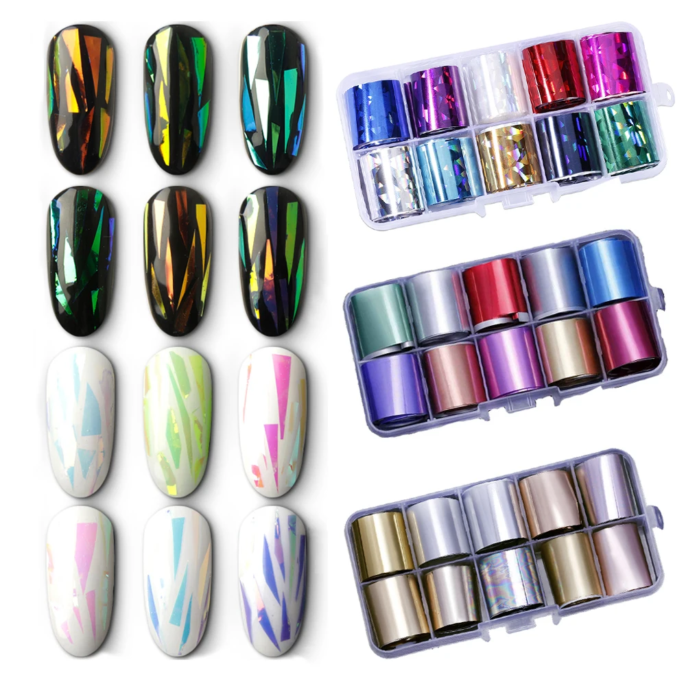

10Rolls/Box Holographic Nail Foil Sets Glitter AB Color Nail Art Transfer Stickers 2.5*100cm Manicure DIY Tips Sticker Decals
