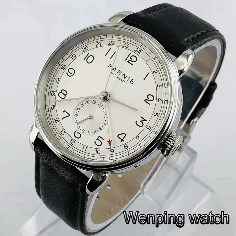Parnis 42 мм GMT Серебряный чехол с черным циферблатом арабский знак Дата Окно кожаный ремешок мужские Топ Досуг автоматические механические часы - Цвет: style A