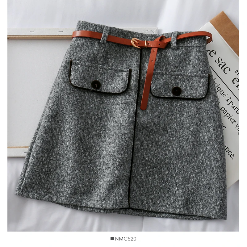 Harajuku зимняя мини-юбка с высокой талией для женщин с повязки бандаж шерстяная трапециевидная Корейская Стильная однотонная короткая юбка - Цвет: Серый