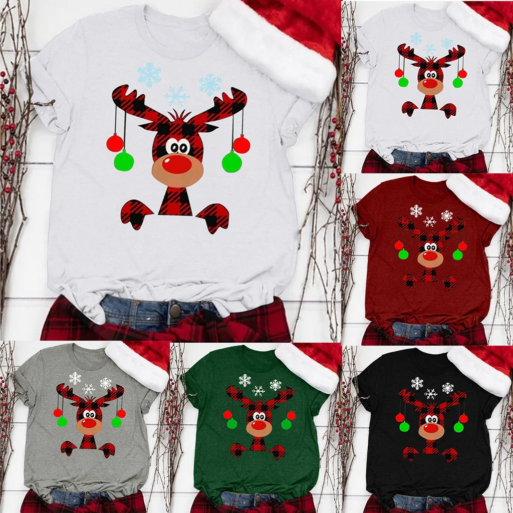 Женские рождественские рубашки с круглым вырезом и принтом, женская футболка с коротким рукавом, повседневные стильные топы, осенняя и зимняя рубашка с коротким рукавом