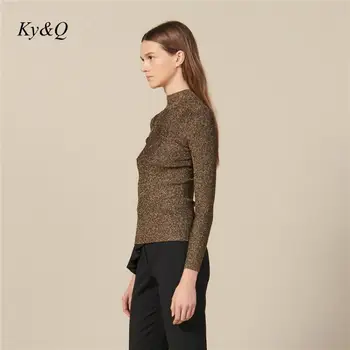 

2019 Winter Women Luxury Fashion Pullover Grass Green Shiny O-Collar Stretch Slim Rib Sexy Gold Line Design Knit Sweater Clothes