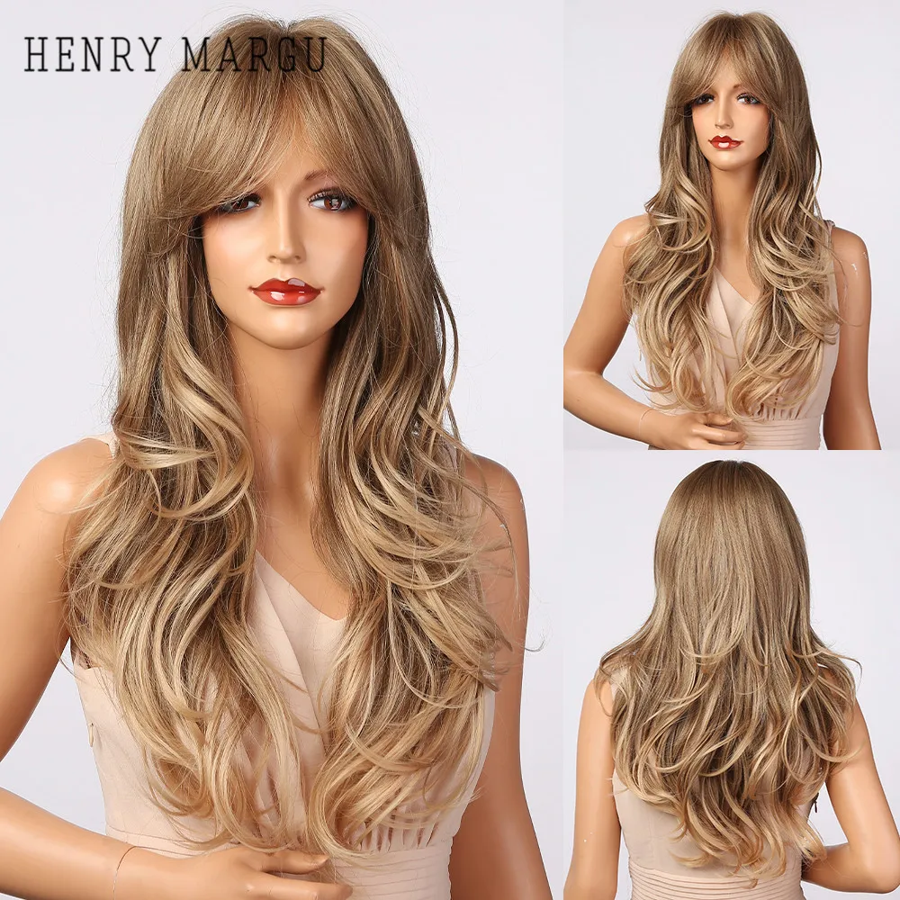 HENRY MARGU Long Wavy Ombre Brown Blonde Wigs with Bangs Synthetic Natural Wig for Women Heat Resistant Cosplay Hair Wigs henry margu long straight synthetic wigs for women natural brown blonde wig with bangs heat resistant cosplay party hair