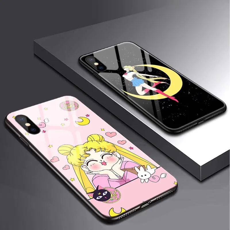 

Incoming Call Flash Sailor Moon Tempered Glass Phone Case For Huawei Mate 20 P30 Pro Case For iphone 6 6s 7 8 Plus X XR XS Max