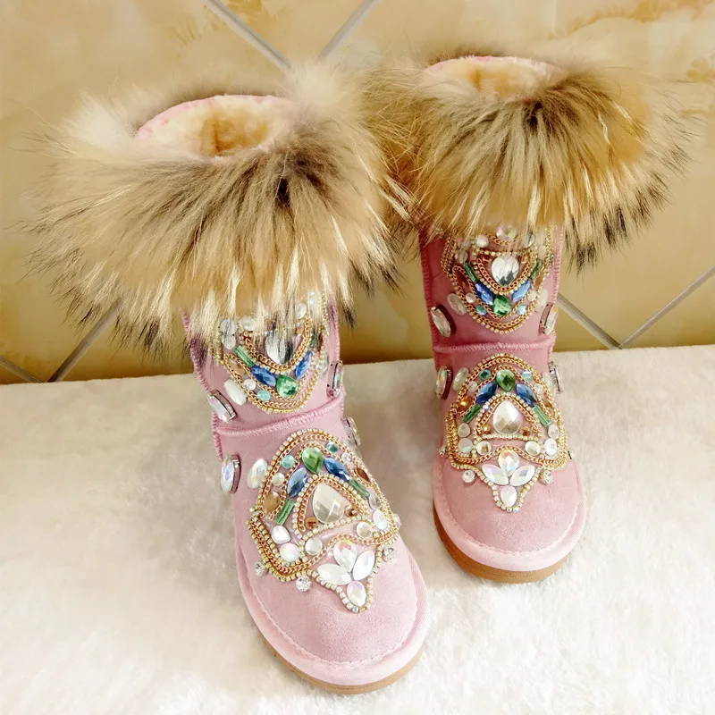 US4-11, женские сапоги до середины икры с круглым носком, натуральным лисьим мехом, украшенные стразами, теплые зимние сапоги, шикарная обувь, 3 цвета, большие размеры