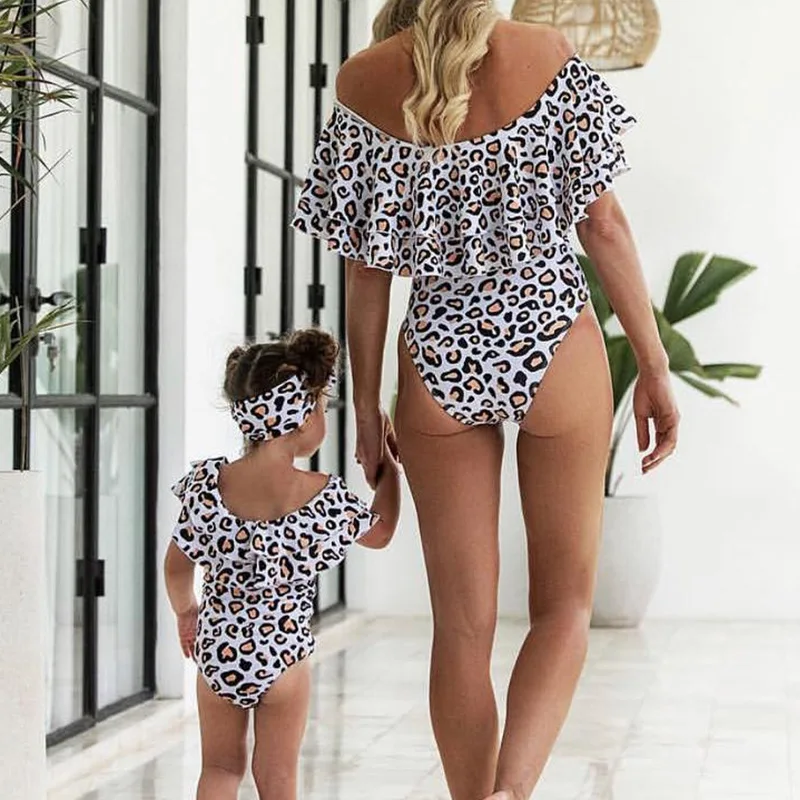 

2019 Europe And America New Style Hot Sales Parent And Child Bathing Suit Leopord Pattern Flounced One-piece Triangular Mom Bath