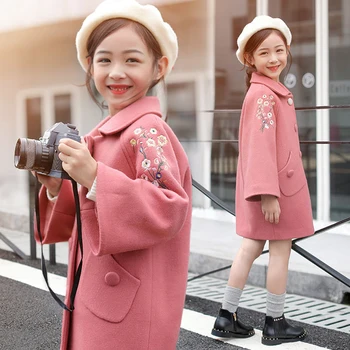 

Girls Woolen Coat Long Winter Jackets For Girls Embroidery Thick Kids Outerwear Autumn Teenage Girls Christmas Clothes 4-12 Y