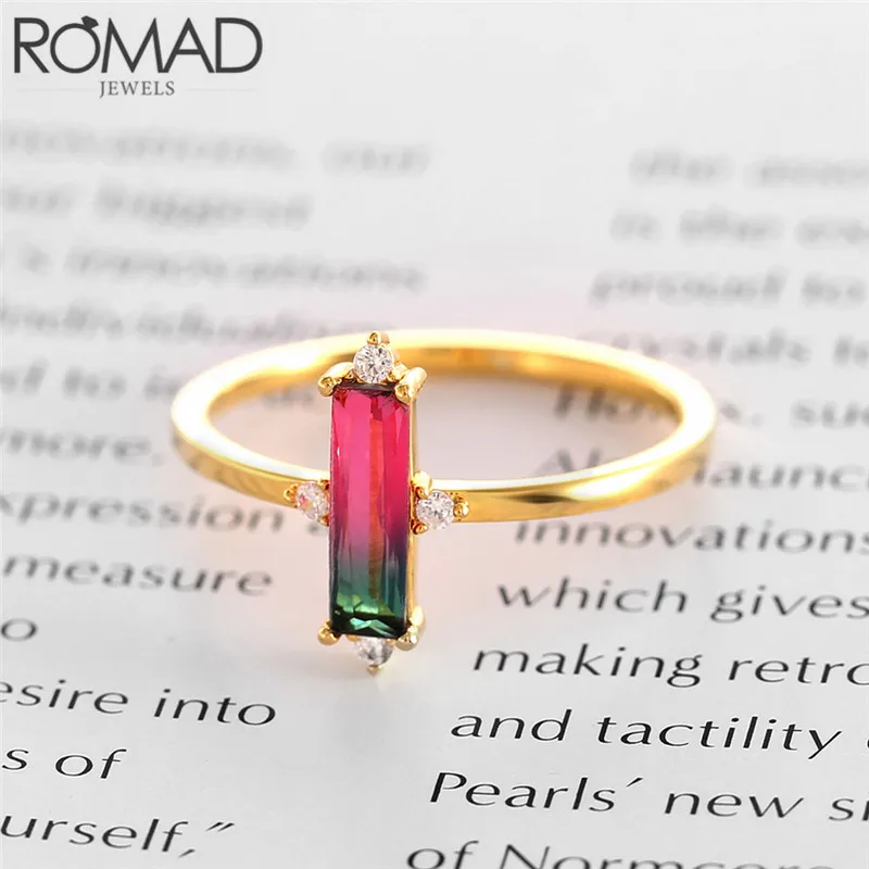 Кольца ROMAD с радужным камнем и австрийскими кристаллами для женщин, модные ювелирные изделия, Золотое кольцо на палец, обручальные кольца, вечерние коктейльные кольца