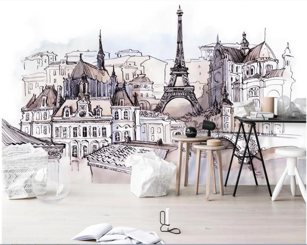 beibehang-European-hand-painted-foreign-tourism-fashion-stickers-tower-watercolor-mural-papier-peint-decoration-wallpaper-behang (3)