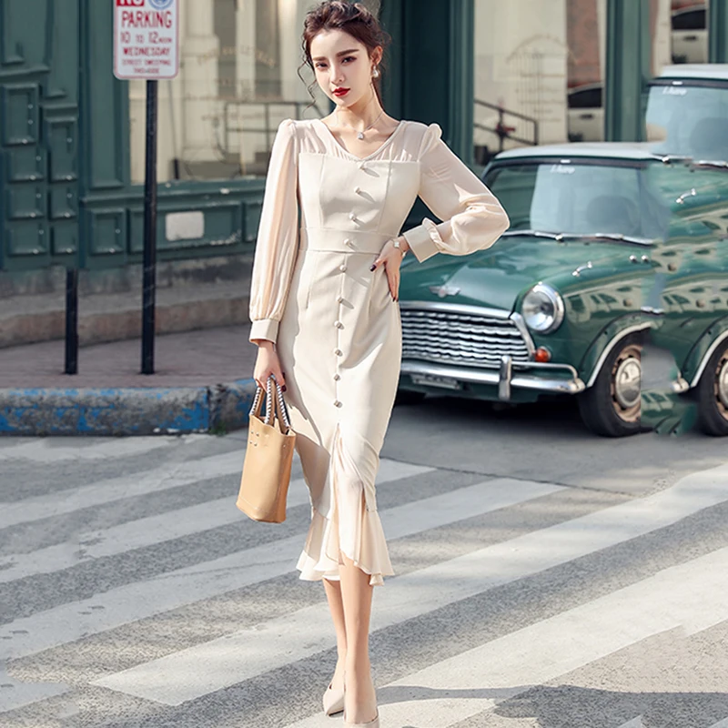 French Romance Retro Dresses Women Casual Chiffon Patchwork V Collar Dress Bodycon Puff Sleeve Long Mermaid Vestido Lady 2020 | Женская