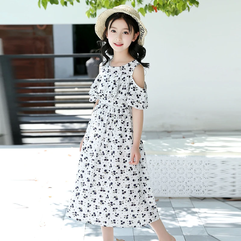 

CNUM Kids Summer Ruffles Princess Dress Cotton Girls Off-shoulder Dresses Children Clothing Teenager Wholesale