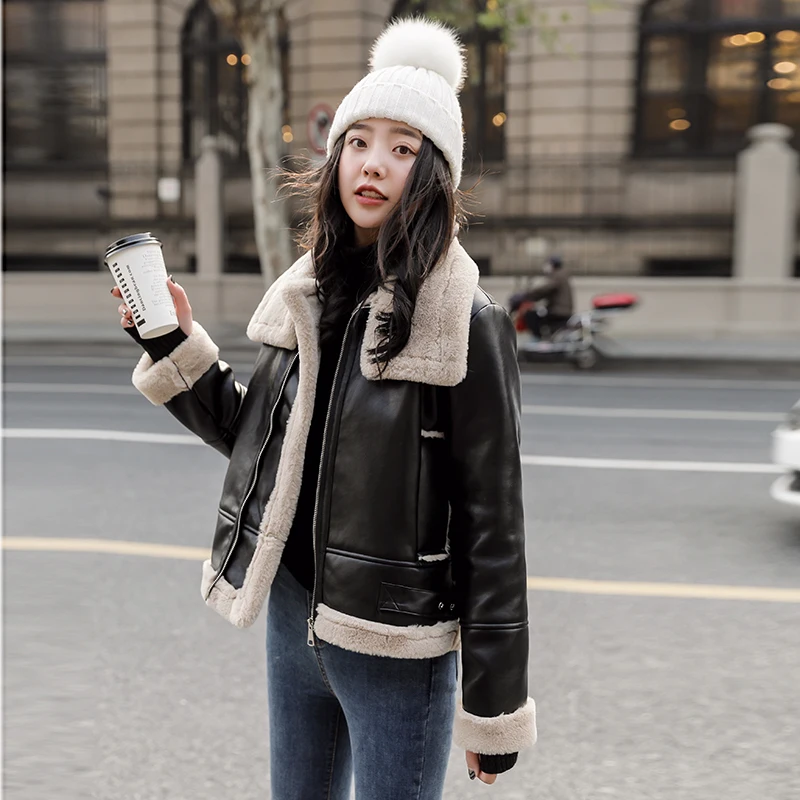 

KMETRAM 2019 Leather Jacket Winter Jacket Women Faux Lamb Fur Coat Female Fashion Thick Parka Women Korean Bomber Jackets MY4353