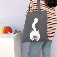 Серый хлопок холст Экологичная для шоппинга с ручкой Наплечная Сумка с мультяшным котиком застежка-молния и карман CYB86