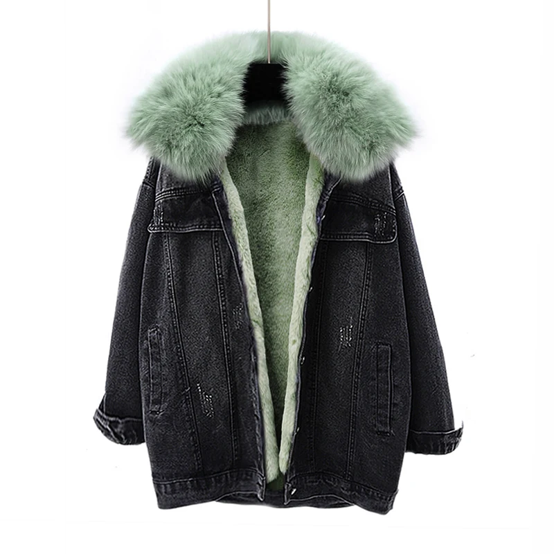 

Vintage Winter Denim Jacket Women Korean New Removable Rabbit fur liner Fox Fur Collar Jean Coat Loose Thick Warm Jeans Jacket