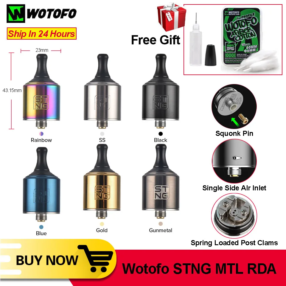 

Wotofo STNG MTL RDA Tank 22mm diameter Atomizer 1.2ohm single coil with 510 Squonk Pin & wotofo profile cotton E-Cigarette Tank