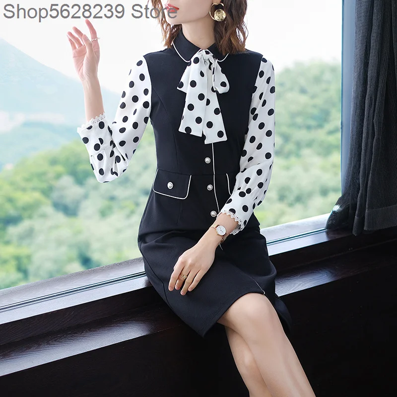 

Bow Lace Wave Point Splicing Dress Female 2020 Season Doll Collar Commute Temperament Long Sleeve Skirt