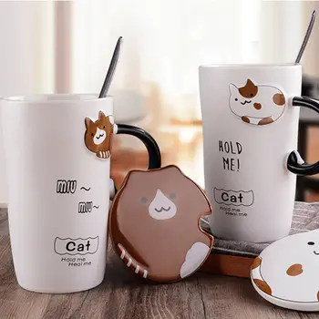 

Mug with Lid Spoon Ceramic Cup Female Student Korean Version Cute Couple Cup Milk Cup Large Capacity Cup Boy Cups and Mugs