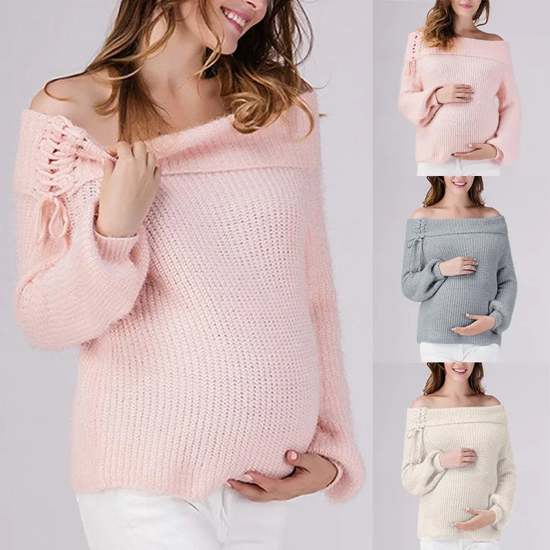 Мода для беременных Новинка Осень-зима слово плечевой ремень удобная одежда для беременных сплошной цвет мягкий свитер платье для беременных