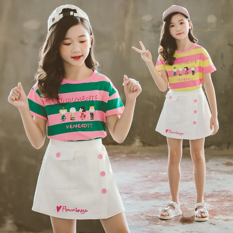 

2019 New Style Summer Girls Big Boy Printed Short Sleeve Denim Skirt Set Korean-style Fashion Wide Stripe Two-Piece Set