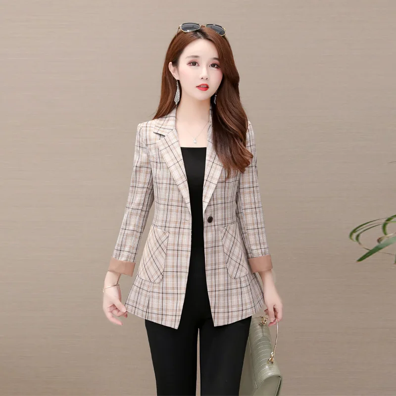 

2019 Autumn New Style Popular One-Button Short Slimming Plaid Large Size Suit Small Suit Coat Women's