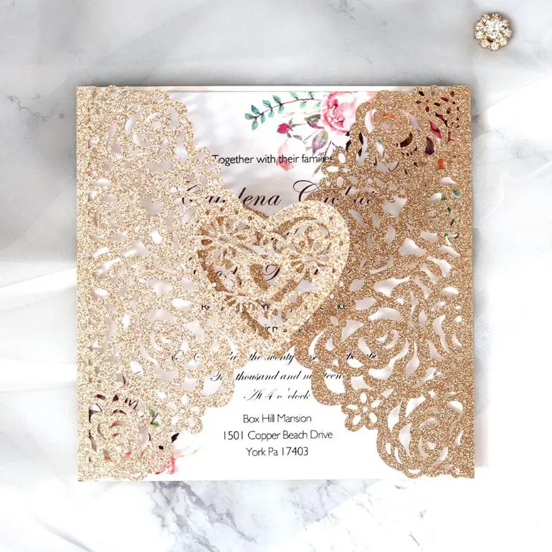  10pcs Glitter Laser Cut Rose Heart Shape Wedding Invitations Card Party Supplies R9CA - 4.00027E+12
