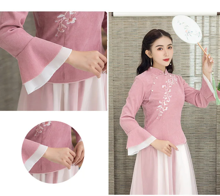 Sheng Coco блузки Hanfu Китайский стиль Cheongsam топы с длинными рукавами в виде листьев лотоса костюм Тан женский хлопок вышивка Qipao рубашка