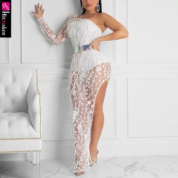 

Women Plus Size One Shoulder Long Sleeve Feather Design Bodycon Dress Sexy & Club See Through Night Out Party Vestido