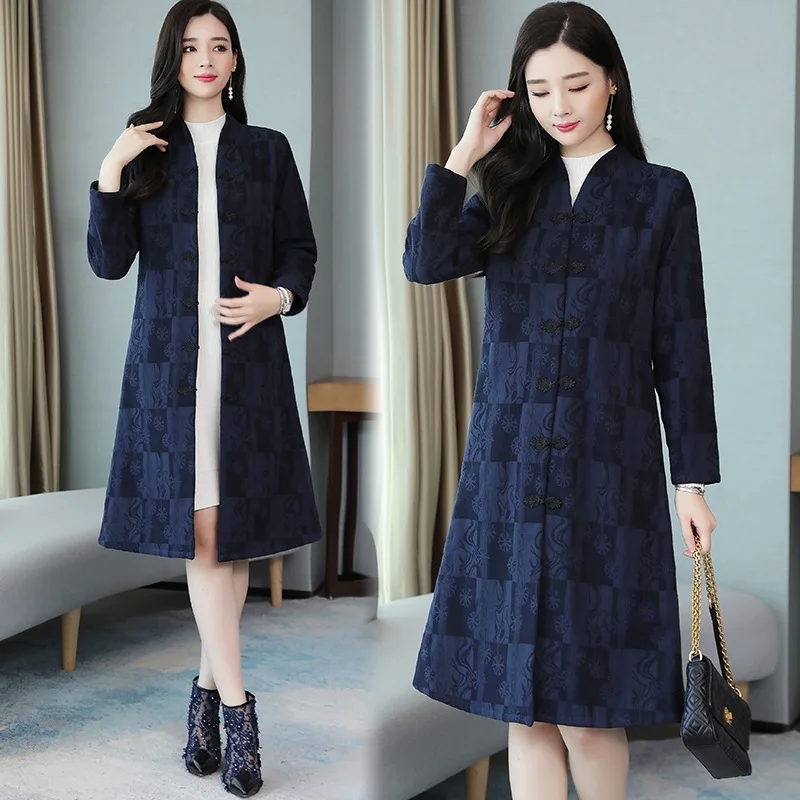 

2019 Autumn And Winter New Style Jacquard Brushed And Thick Cotton Linen Ethnic-Style Loose And Plus-sized WOMEN'S Dress Frog Tr
