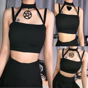 

Women Summer black Sling Halter vest Sexy sleeveless gothicSlim And star pendants Gym Sports Crop Tank Top Tees