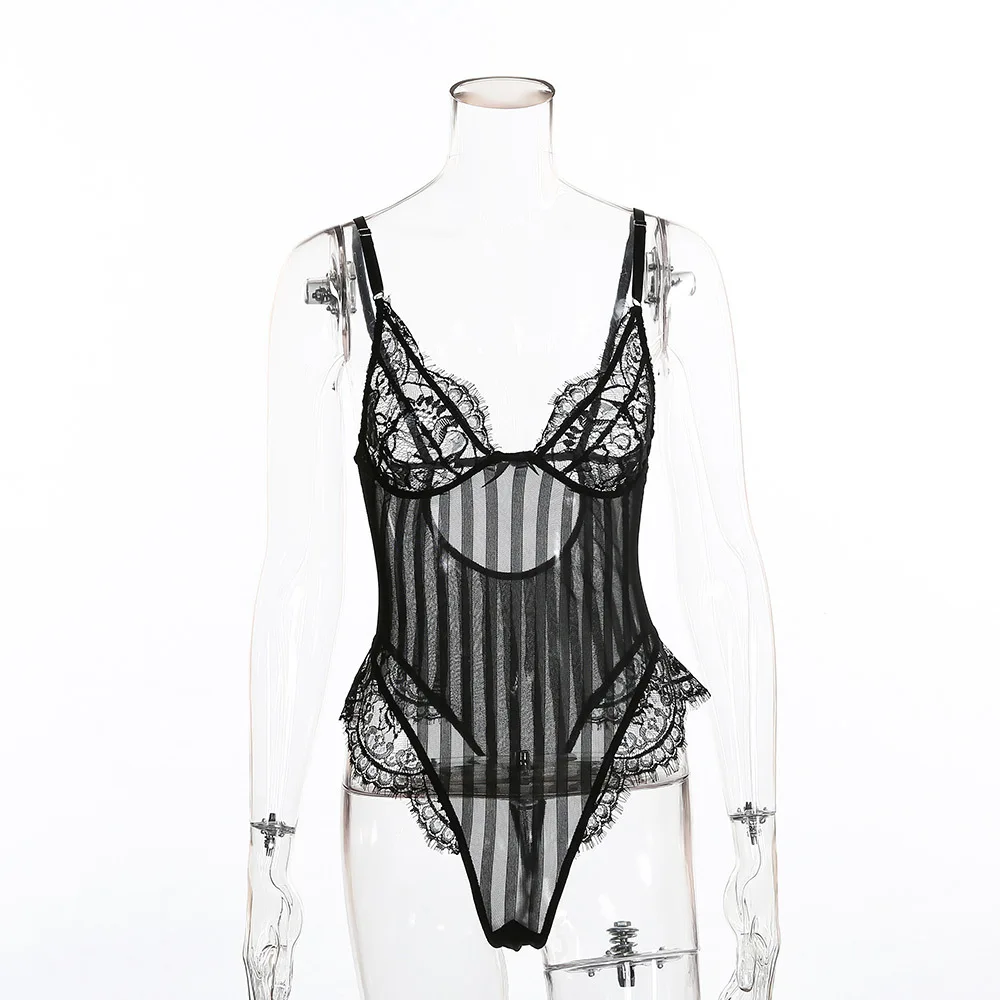 See Through Patchwork Stripe Lace Bodysuit Sleeveless Sexy V Neck Hollow Out Embroidery Skinny One Piece Jumpsuit Body Dentelle shapewear bodysuit Bodysuits
