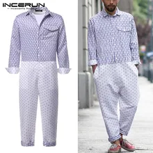 INCERUN, рубашка для бега, комбинезон для мужчин, с принтом, из кусков, с отворотом, с длинным рукавом, мешковатые штаны, уличный Ретро стиль, модный мужской комбинезон, комбинезоны