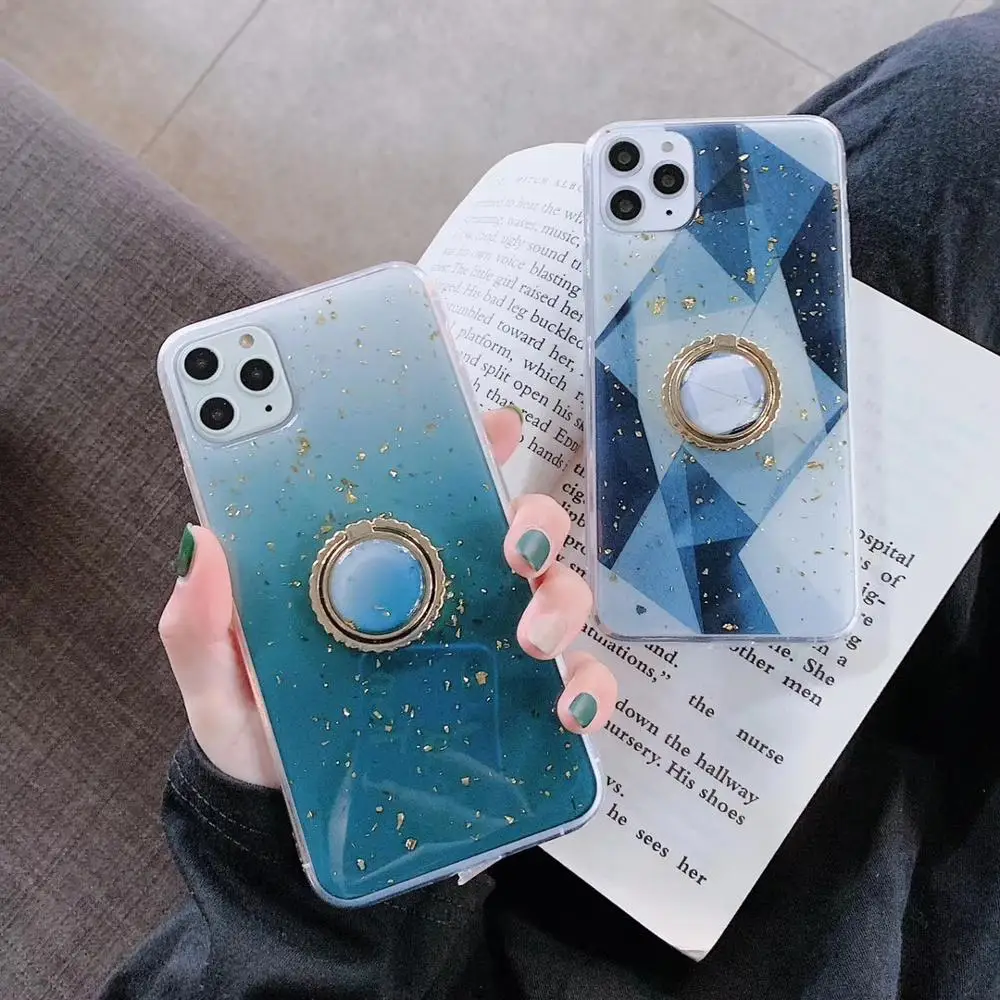 

Geometric Shiny Phone Cover For iPhone 11 Pro Max X XR XS MAX 7 8 6 6S Plus Ring Stand Epoxy Phone Case Platinum Glitter Case