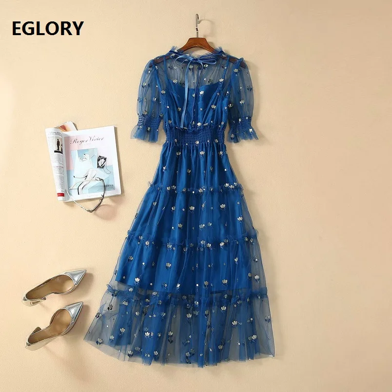 

Newest Fashion Dress 2020 Spring Summer Sexy Party Women Allover Exquisite Embroidery Mesh Short Sleeve Mid-Calf Blue Dress