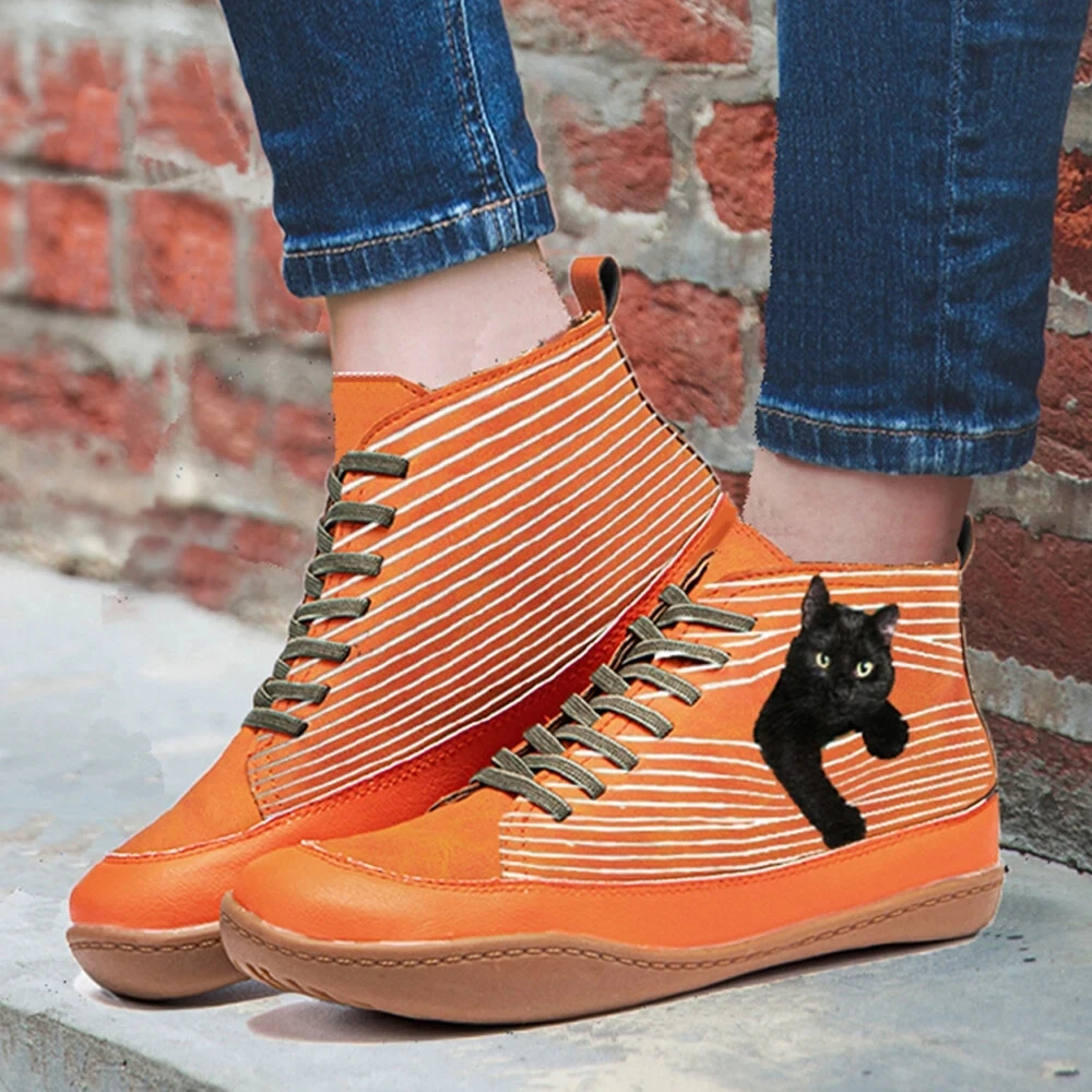 Botines cálidos con estampado de dibujos animados para Mujer, botines cálidos con hebilla de ante y estampado de gatos, estilo Retro, informal, otoño e invierno, Botines planos