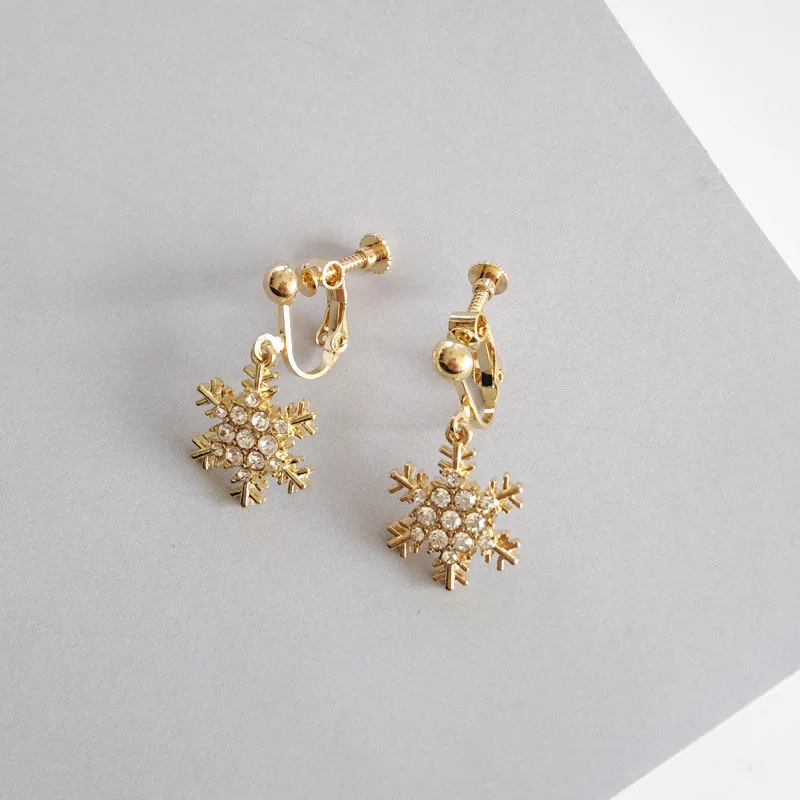 clip earring Серьги на клипсах в форме снежного цветка, без ушей, с отверстиями, массивные, золотые, цветные, со звездами, цирконием, снежинками, клипсы, не прокалывают, уши для женщин - Окраска металла: clip earring