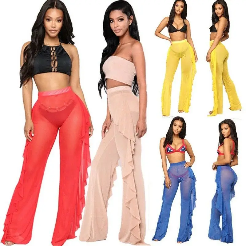 

2019 Summer Hot Sexy Women's Pant High Waist Sheer Mesh Solid Ruffled See Through Wide Leg Loose Casula Beach Pants