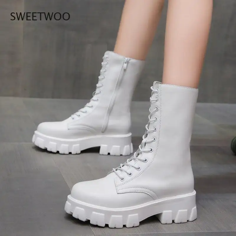 Women Long Boots Mid Calf Autumn Winter Shoes Platform Lace Up PU Woman Fashion  Footwear Female Comfort Botas