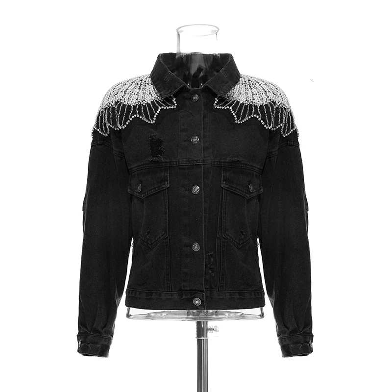 black TWOTWINSTYLE лоскутное вышитое бисером джинсовое пальто для женщин воротник с лацканами длинный рукав куртки для женщин модная одежда Новинка - Цвет: black