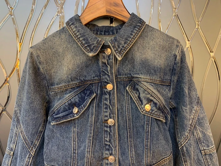 Early Autumn New Girl Turn-lapel Bottom White Lace Edge Stitching Removable Jean Topcoat 1101